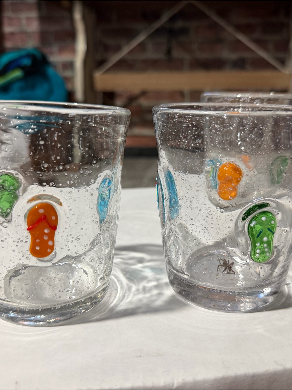 Anthropologie hand blown Clear Glass Tumbler Set (3) with Colorful Flip-Flop